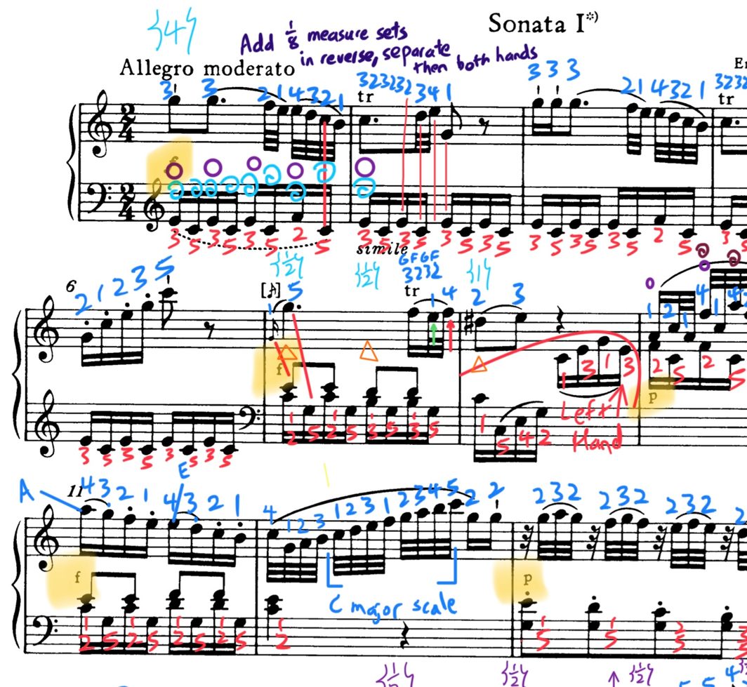 sheet music with many details planned by me using colorful markings