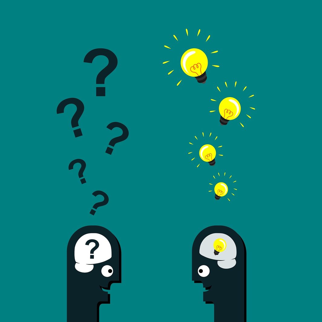 graphic of person with question marks and person with lightbulbs